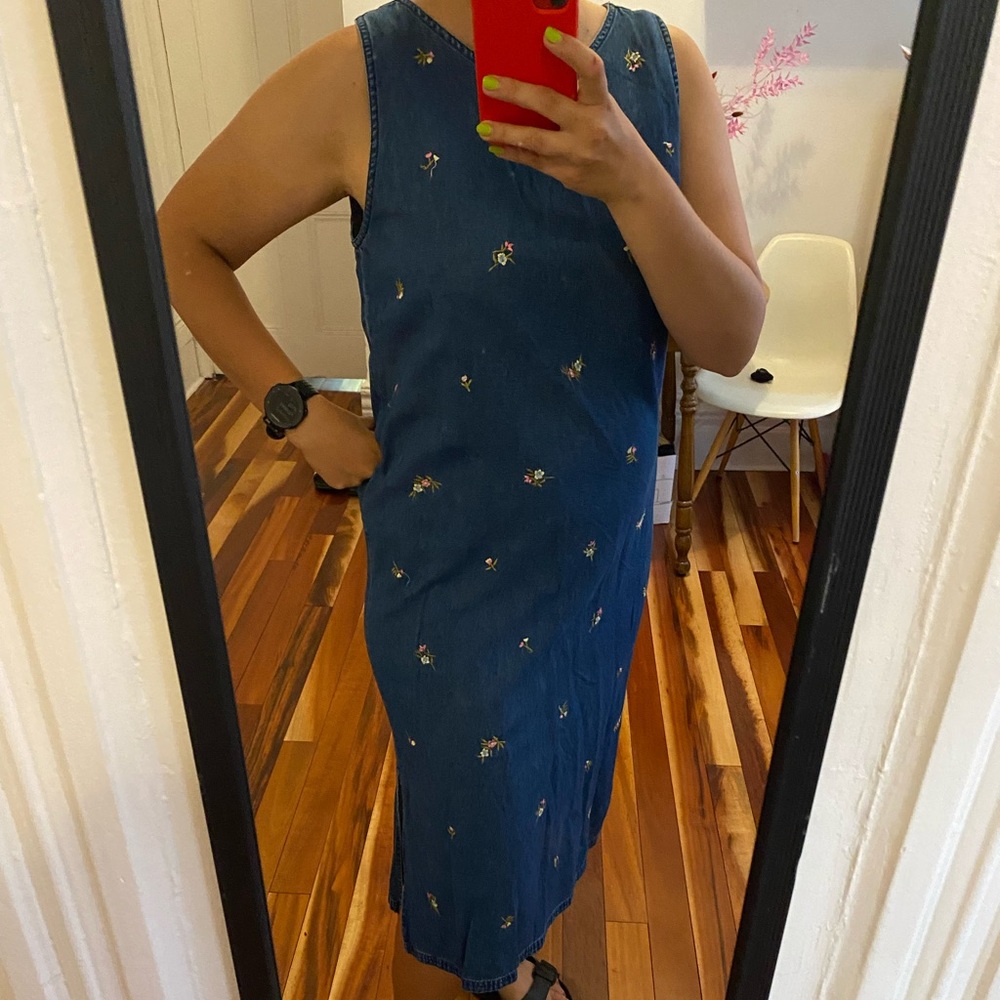 Vintage denim floral embroidered dress